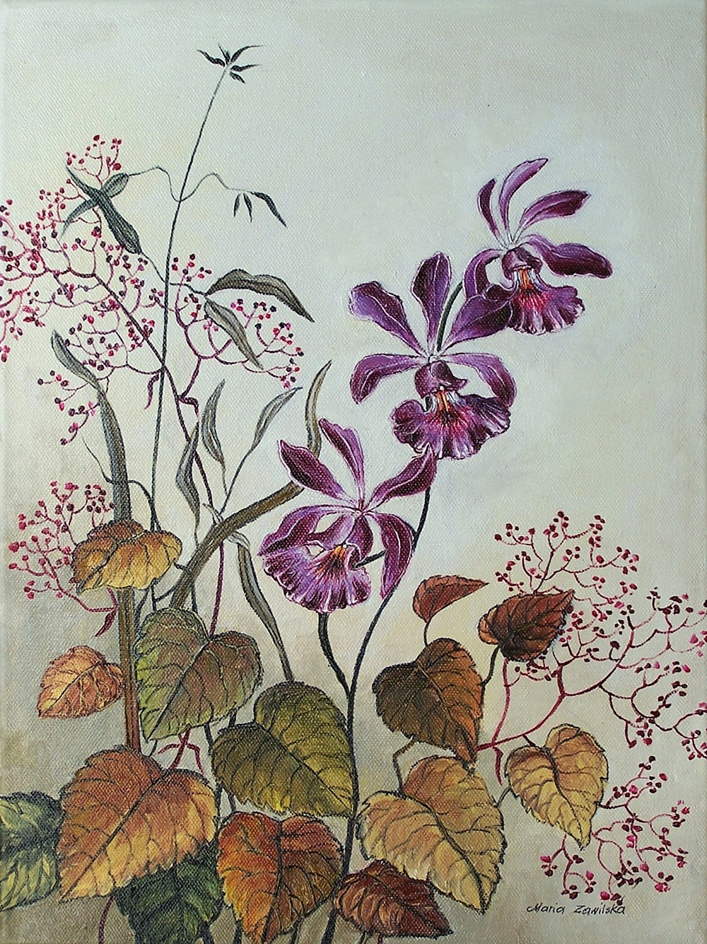 Oil painting of a violet orchid