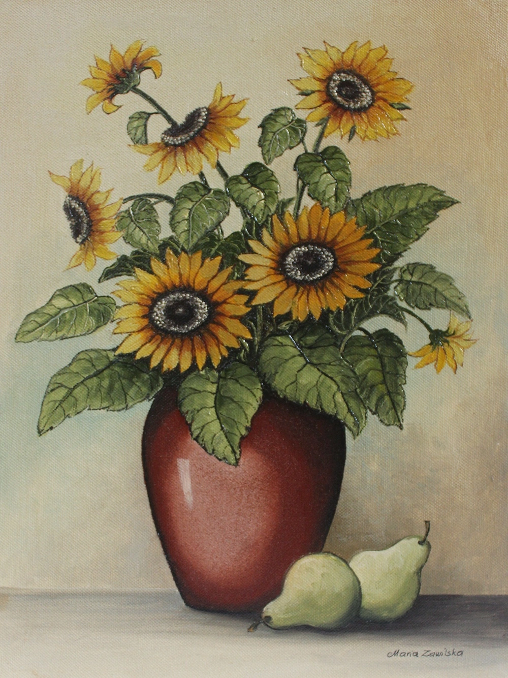 Oil painting of sunflowers in a vase