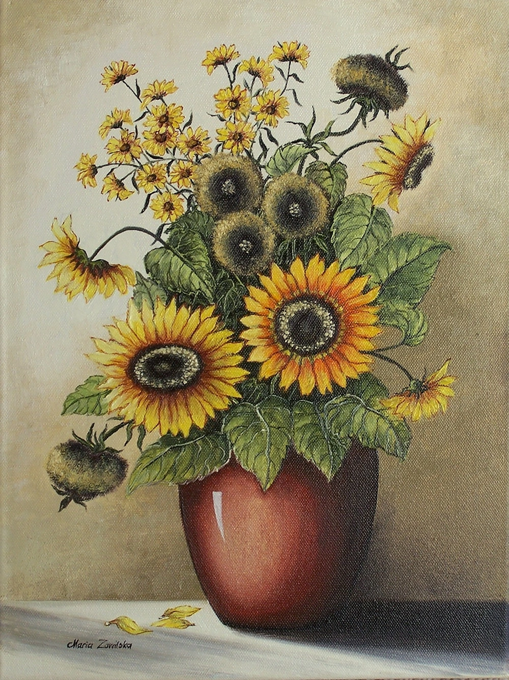 Oil painting of sunflowers in a vase