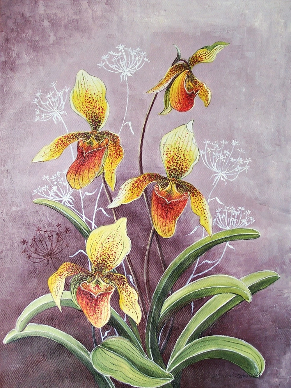 Oil painting of a yellow orchid.